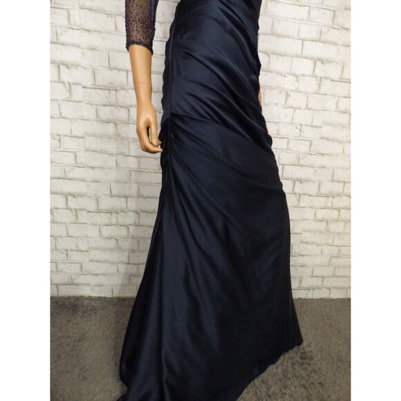 $558 La Femme 30138 Navy Blue Satin Ruched Trumpet Illusion Gown 12 NEW - Picture 8 of 16